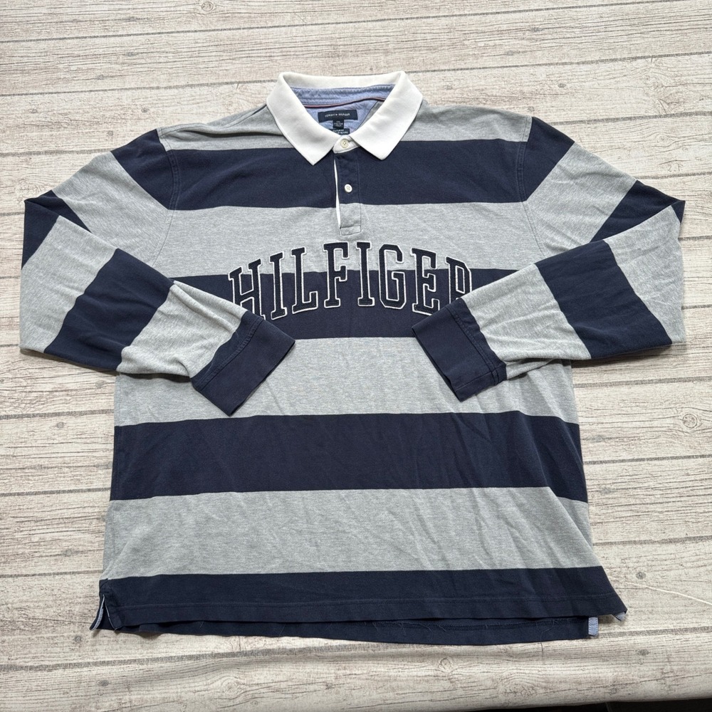 Tommy Hilfiger Rugby Polo Shirt Men's 2XL Gray Navy Striped Long Sleeve Athletic